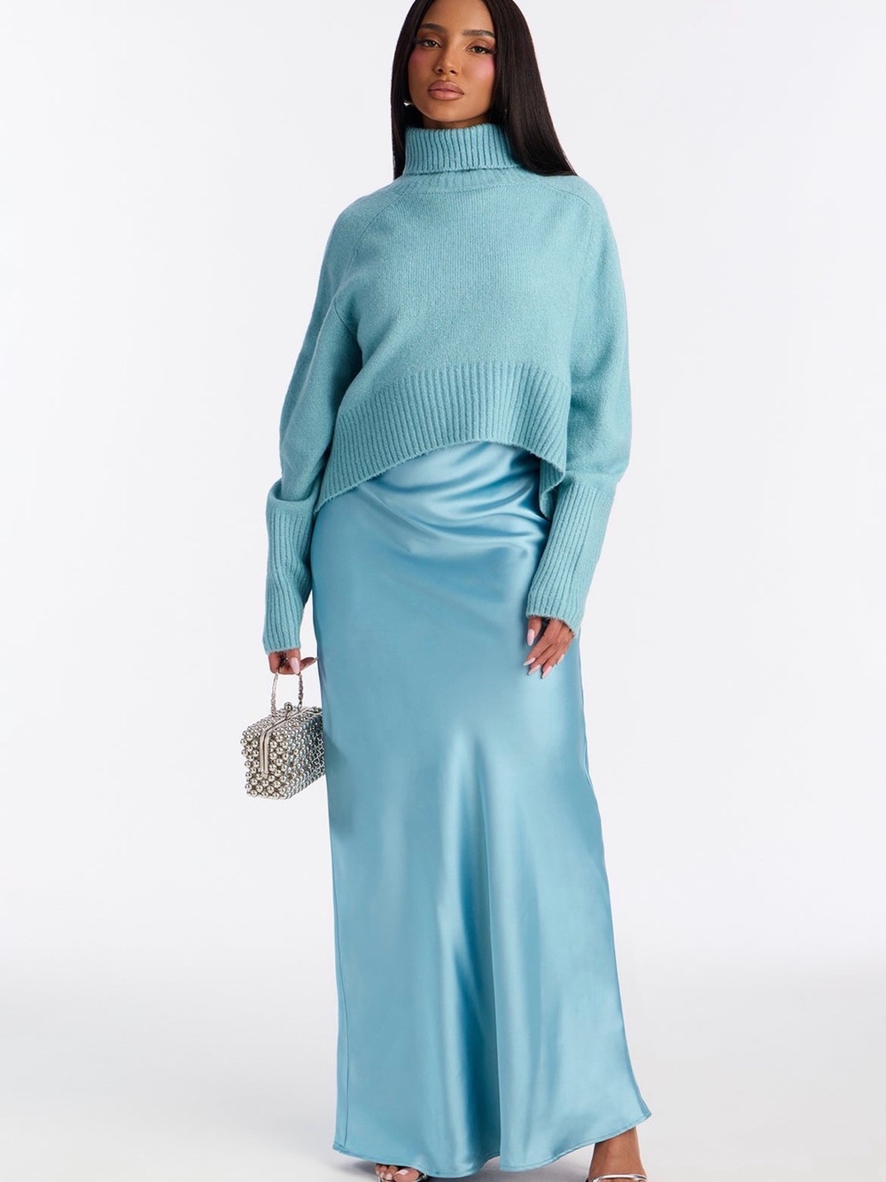 Light Blue Satin Maxi Skirt - Women's Elegant Slip Skirt